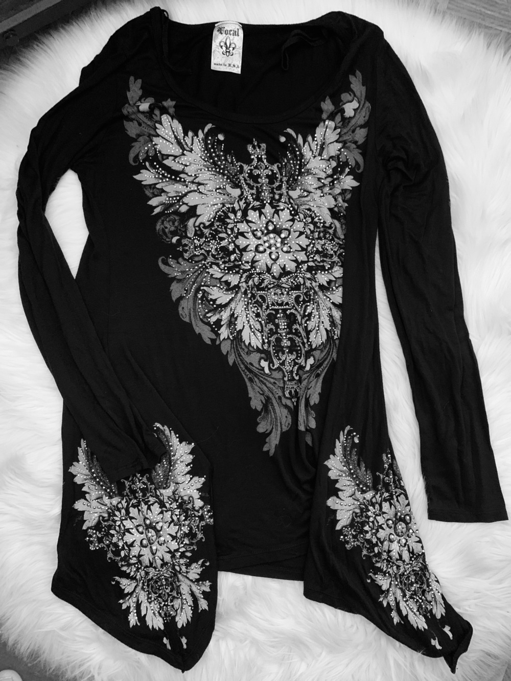 Vocal Black  Embellished Victorian Wings Design Top Handkerchief Embellished hem